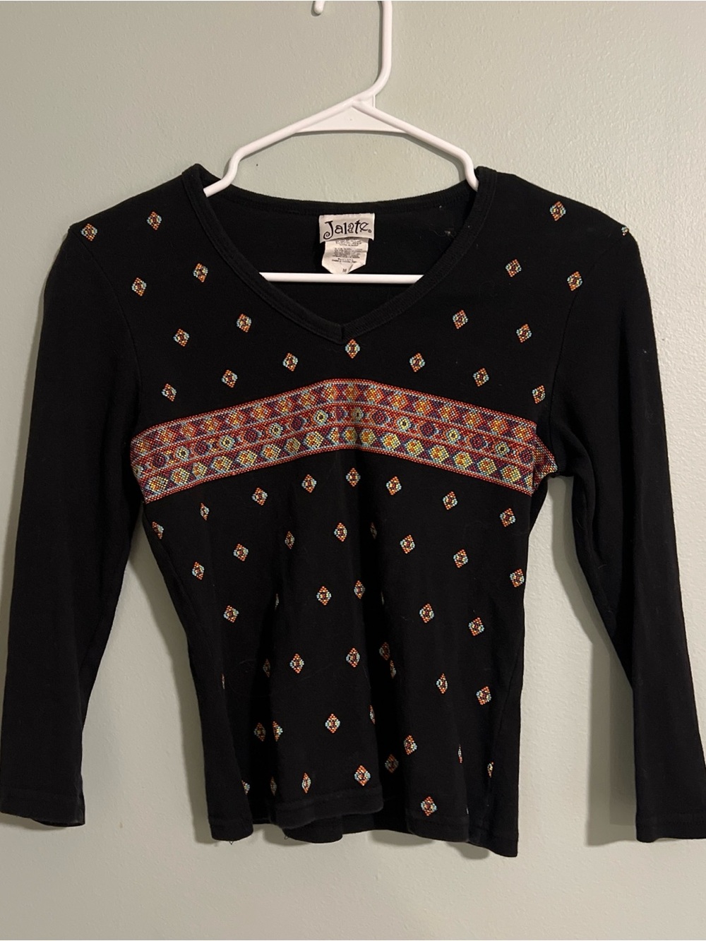 Jalate Black Long Sleeve Beaded Geometric Pattern Top Vintage Boho Indie Size M